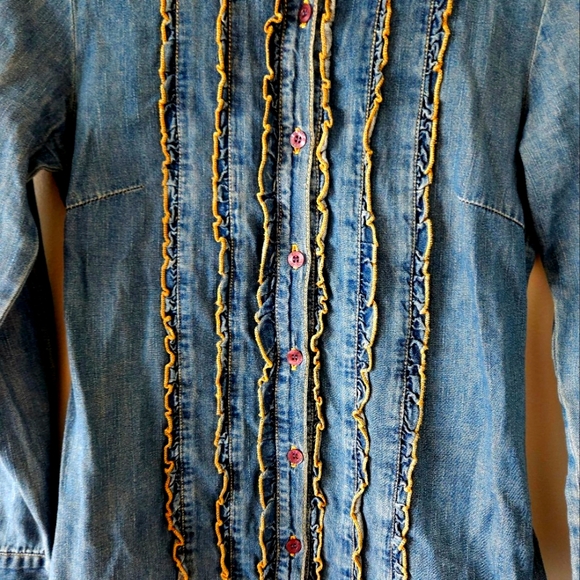 π¨π΅ french vintage jean shirt ruffles long sleeves size small π¨π΅ - Picture 3 of 7